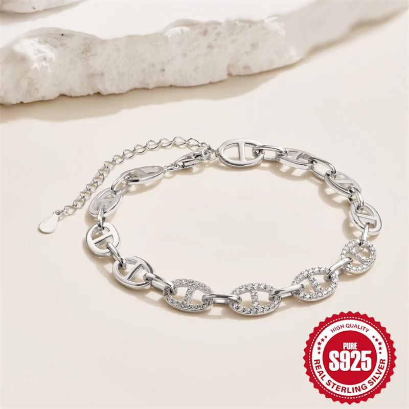 

925 Silver Hollow Pig Nose Bracelet For Women's Trendy Retro Versatile Party Birthday Gift For Girlfriend Light Luxury Jewelry