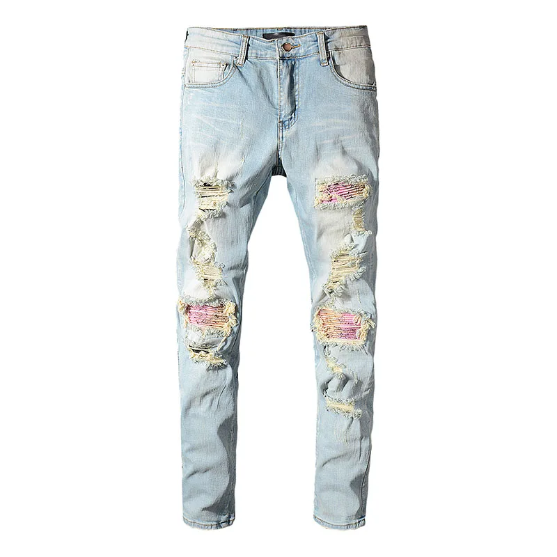 Patchwork Ripped Denim Jeans Patchwork Denim Jeans Mens Patchwork