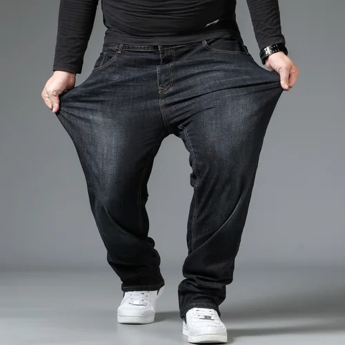 남성용 대형 청바지, 탄성 밴드, 빅 10XL, 오버사이즈, 하이 웨이스트, 넉넉한 바지, 남편용 플러스 사이즈, 빅사이즈, 팻, 루즈 블랙 남성 데님 바지 2