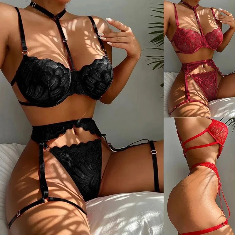 Lingerie trasparente in pizzo per donna Set reggiseno floreale esotico trasparente mezza tazza reggiseno slip set intimo donna sexy moda - immagine 6