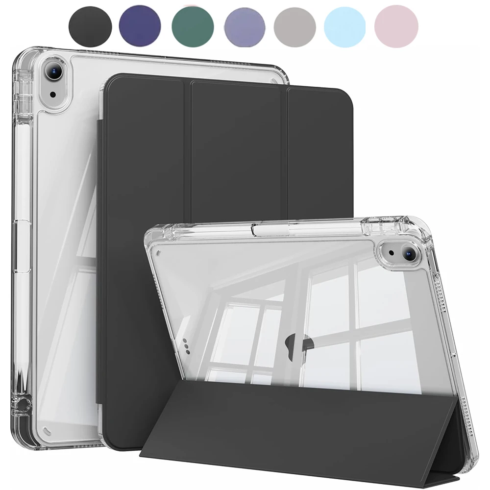 Sleek Transparent Acrylic Back Cover Trifold Stand Tablet Case with Pen Slot