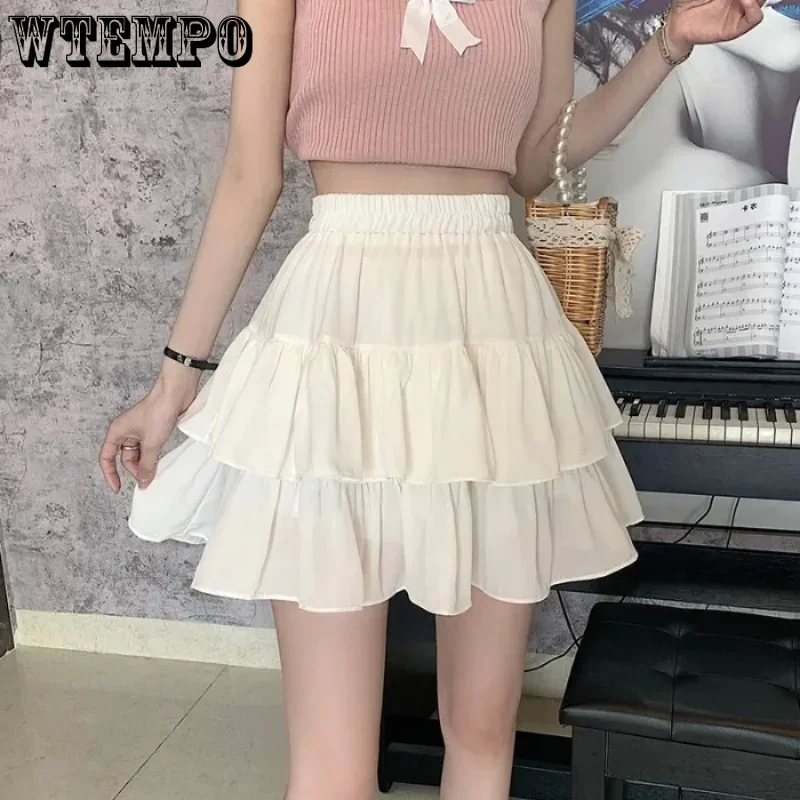 

Pleated A-line Skirt White Women Ruffles Sweet Hottie Preppy Style Elastic Waist Slim Thin SimpleCasual Summer Wholesale