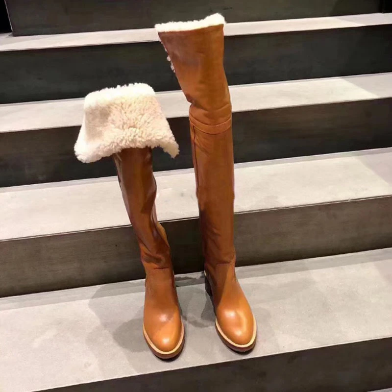 Winter Wool Fur Foldover Top Over The Knee Boots Woman Camel Black Oil Wax Leather Fur Boots Pointed Toe Flats Warm Snow Boots