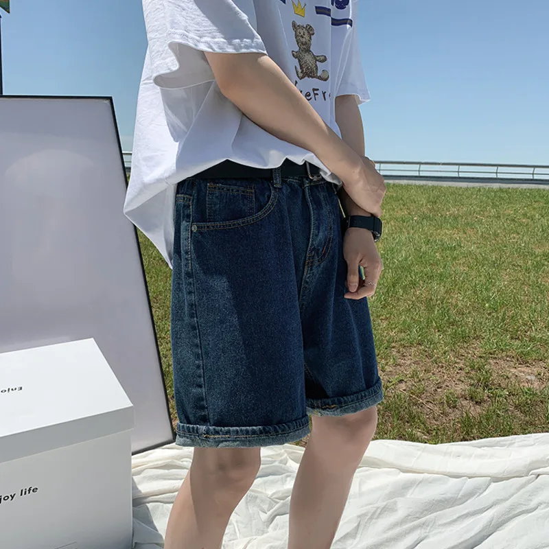 Summer Blue Denim Shorts Men Fashion Casual Straight Denim Shorts Men Streetwear Loose Hip Hop Retro Jeans M-2XL