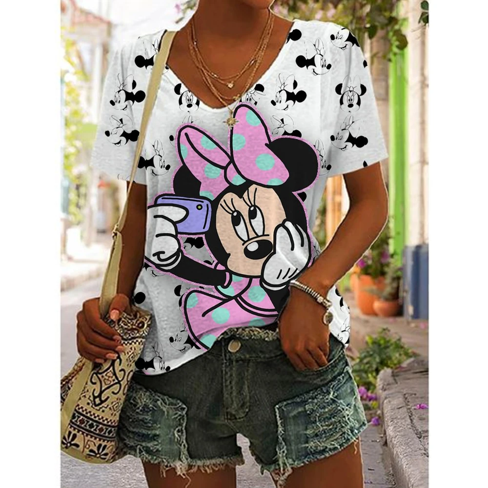 

Summer Women T-Shirt S-3XL Fashion Short Sleeve V-Neck Top Disney Mickey Mouse Print T-Shirt Casual Loose Female Street Style