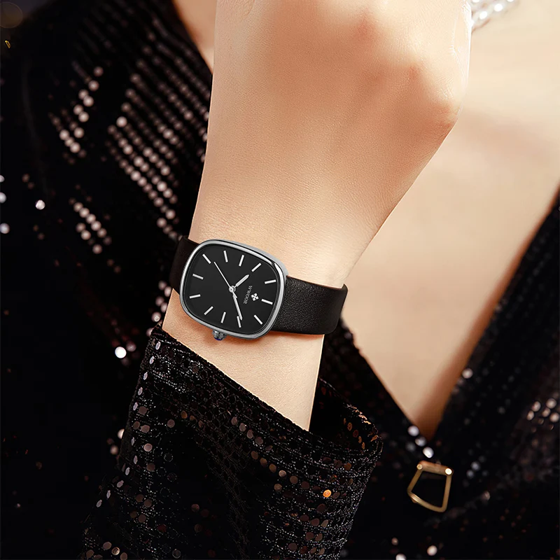WWOOR New Luxury Black Leather Watch For Women Dress Elegant Watch Casual Women Bracelet Wristwatch Female Gift Relogio Feminino