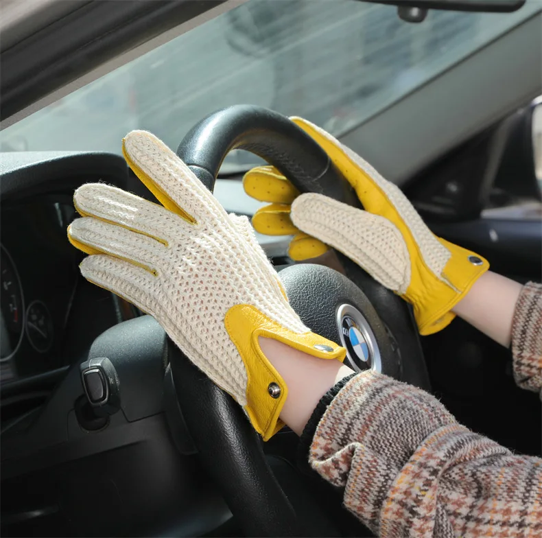 

Women's Autumn Winter Natural Sheep Leather Knitted Patchwork Glove Female Fashion Genuine Leather Motorcycle Driving Glove 2036