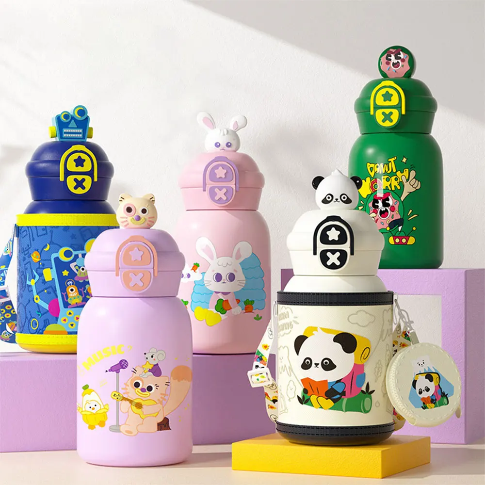 550ML Cute Kids Thermos Bottle Stainless Steel Vacuum Insulated Bottle with Straw Children Water for School Thermos Mugs