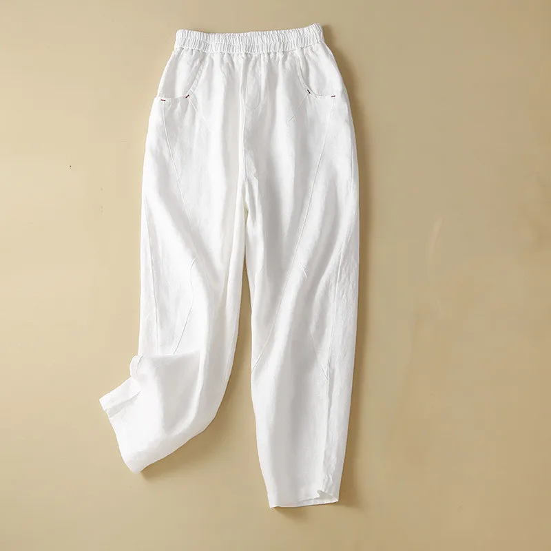 

Новые стильные 100% льняные повседневные брюки женские брендовые трендовые удобные брюки до щиколотки с эластичным поясом