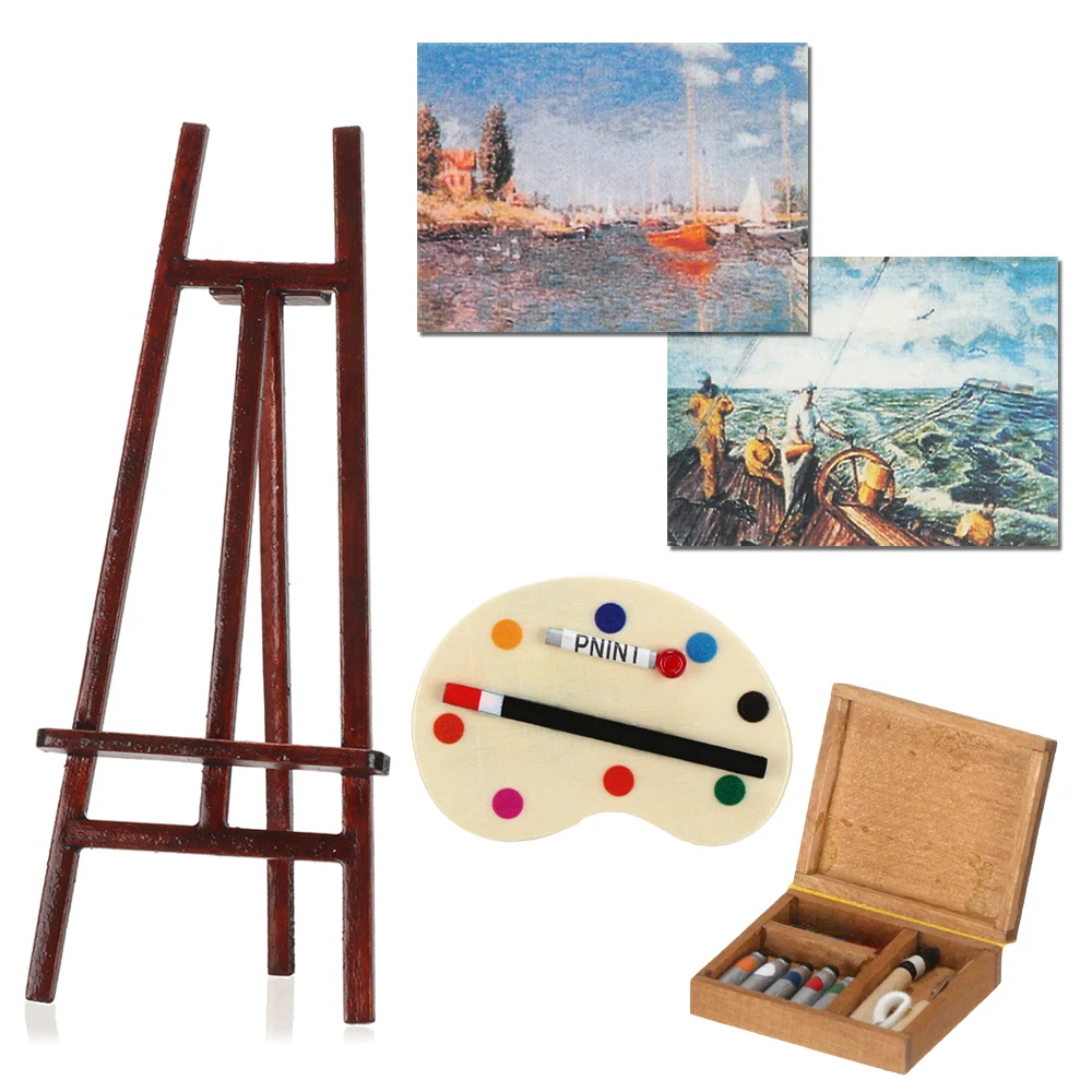 1:12 cavalletto in miniatura per casa delle bambole mobili per casa delle bambole Mini scatola di legno artista penna per pittura tavolo da disegno modello Set decorazione per casa delle bambole - immagine 5