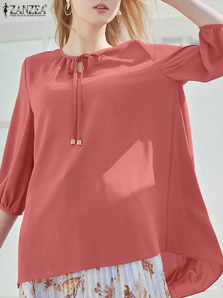

ZANZEA Women Solid Color Tops Fashion Puff 3/4 Sleeve Blouse Casual Loose Lace Up Round Neck Shirt 2024 Summer Simple Tunics