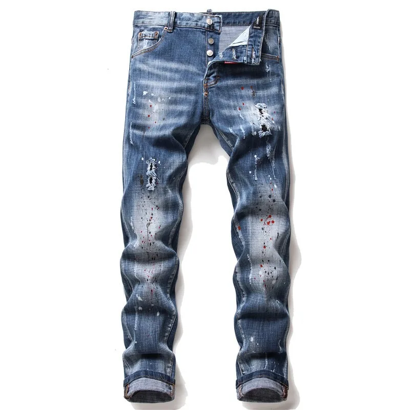 Men's Jeans Tattered Paint Men's Slim Hole Badge Stretch Jeans Retro Men's High Street Can Be Worn All Year Round 3