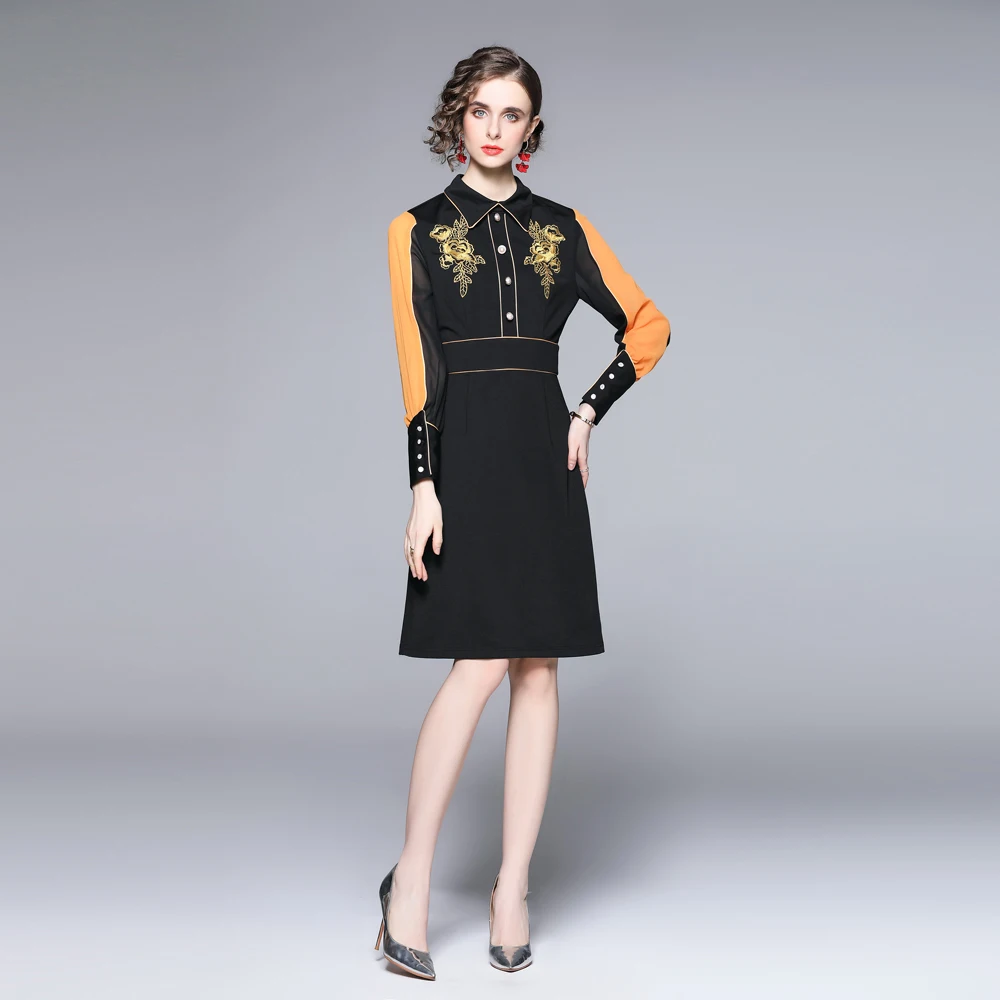 

2023 Spring chiffon splicing long-sleeved floral embroidery lapel mid-length elegant dress
