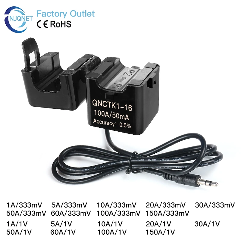 스플릿 코어 CT 트랜스포머 QNCTK1-16 1A 1V 10A 20A 0.333mV 100A 333mV 페라이트 코어 CT 센서 클램프 전류 트랜스포머 100A/50mA