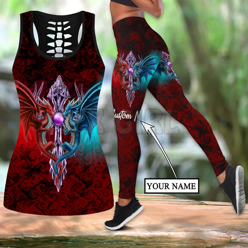 Dragon Red And Blue Custom You Name Combo  3D Printed Tank Top+Legging Combo Outfit Yoga Fitness Legging Women фигурка totaku yu gi oh blue eyes white dragon