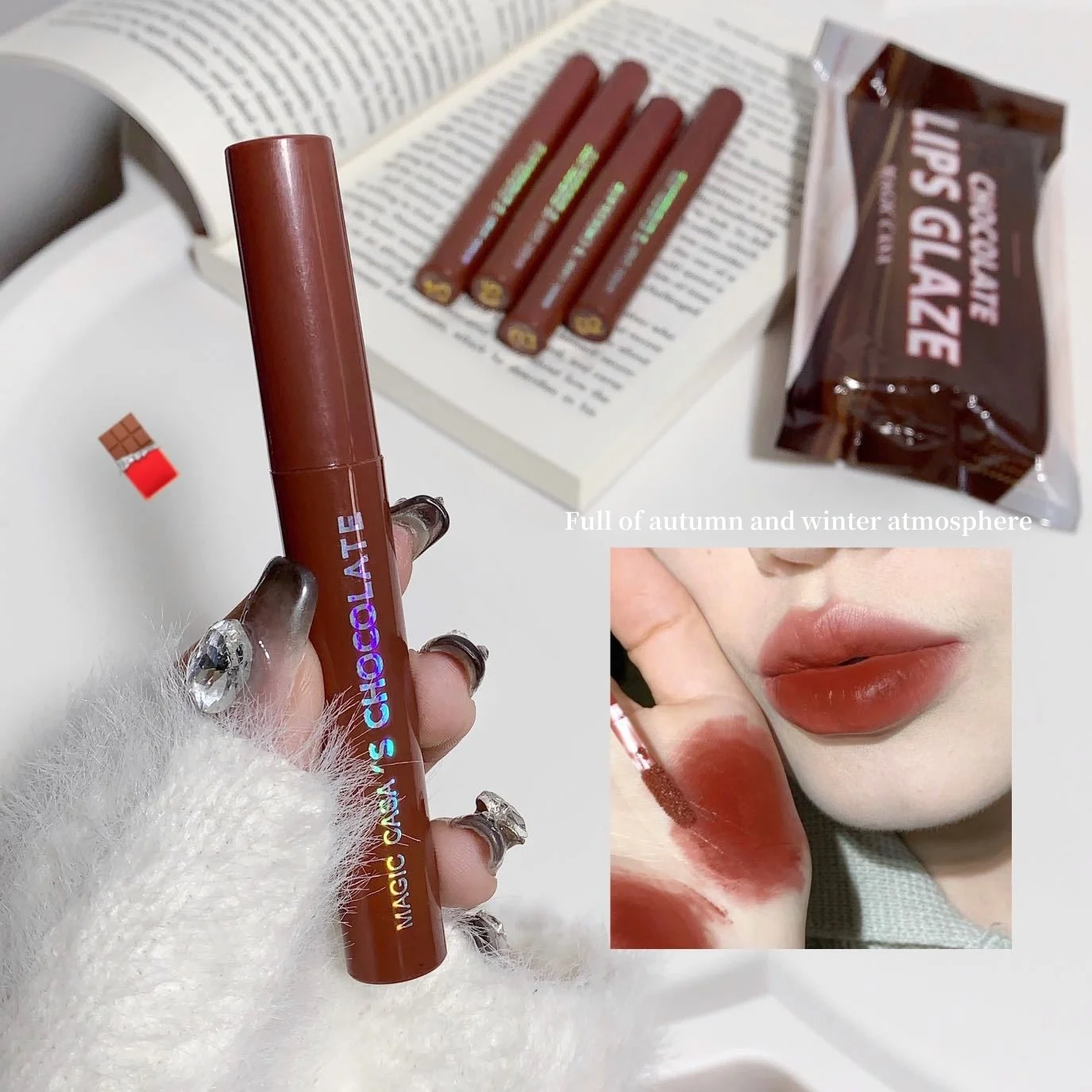 Description Picture 4 of item5Pcs/Set Chocolate Lip Gloss Set Waterproof Long-Lasting Non-Sticky Silky Smooth Nude Red Liquid Lipstick Makeup Cosmetics
