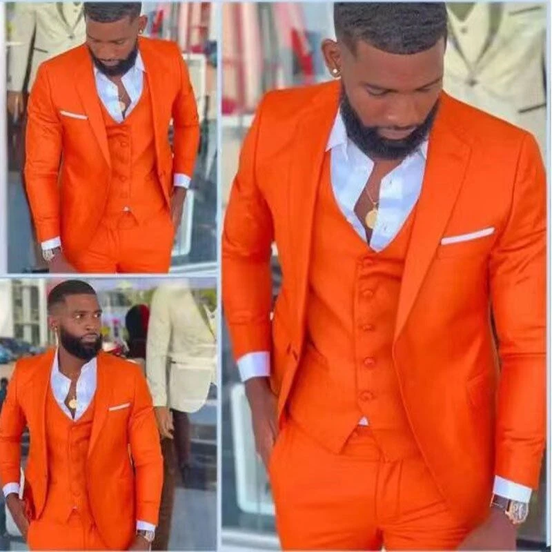 3 Pcs Bright Orange Notch Lapel Jacket Slim Fit Men's Tuxedo Suit Groomsmen Wedding Party Blazer Costume Homme Terno Masculino