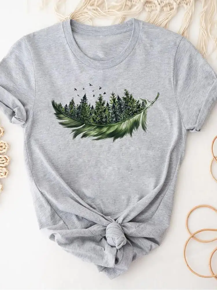 Women Clothing Print Gray T Shirt Short Sleeve Summer Top Plant Flower Trend Fashion Clothes Basic Tee Graphic T-shirt