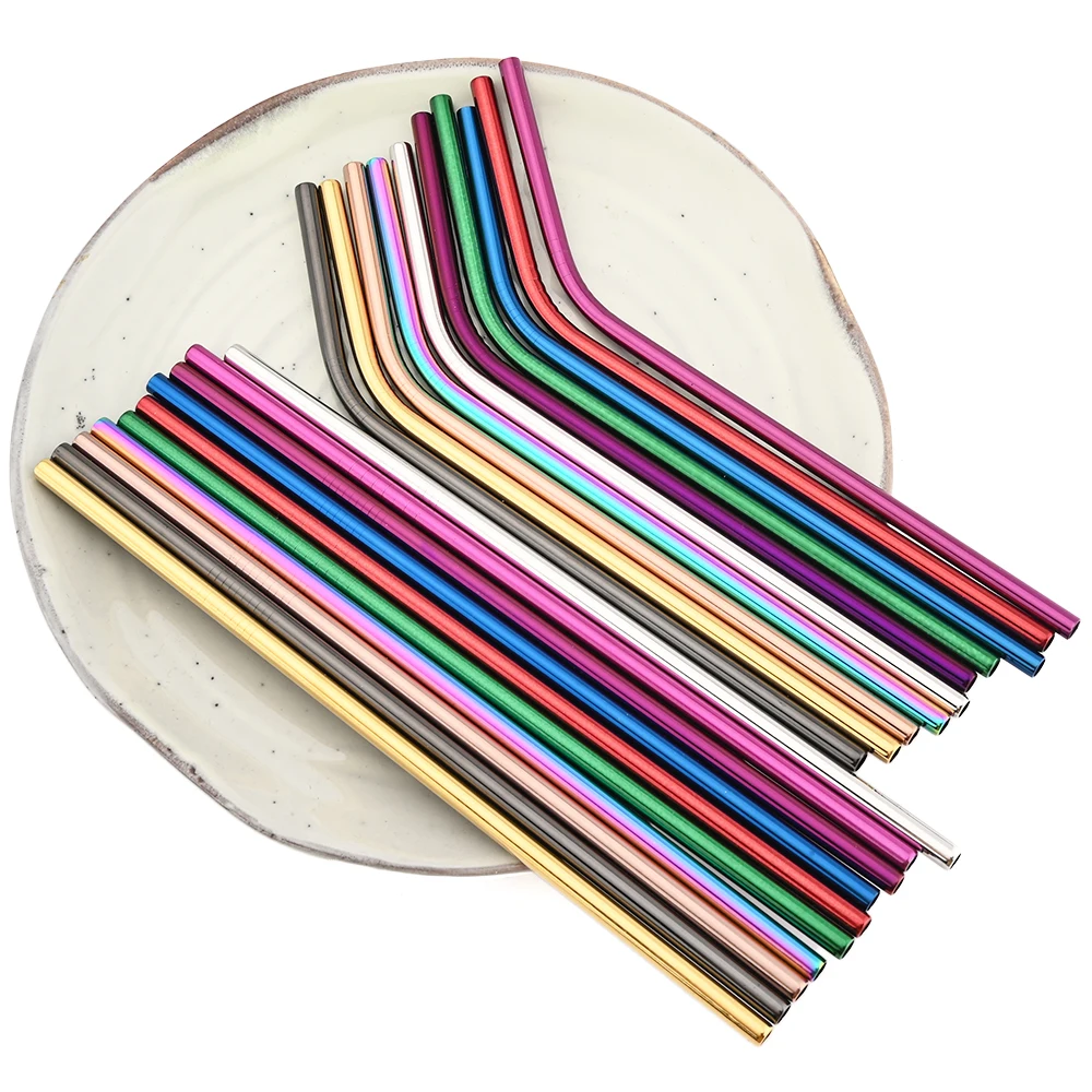 Reusable Silver Straw Set 304 Stainless Steel Straw Straight Bent Drinking With Cleaning Brush Home Bar Accessory 4/8pcs metal straw set metal straws drinking straws stainless steel straw