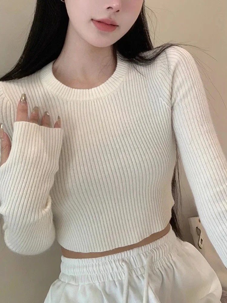 Women Knitted Cropped Sweater Autumn Long Sleeve Pullover