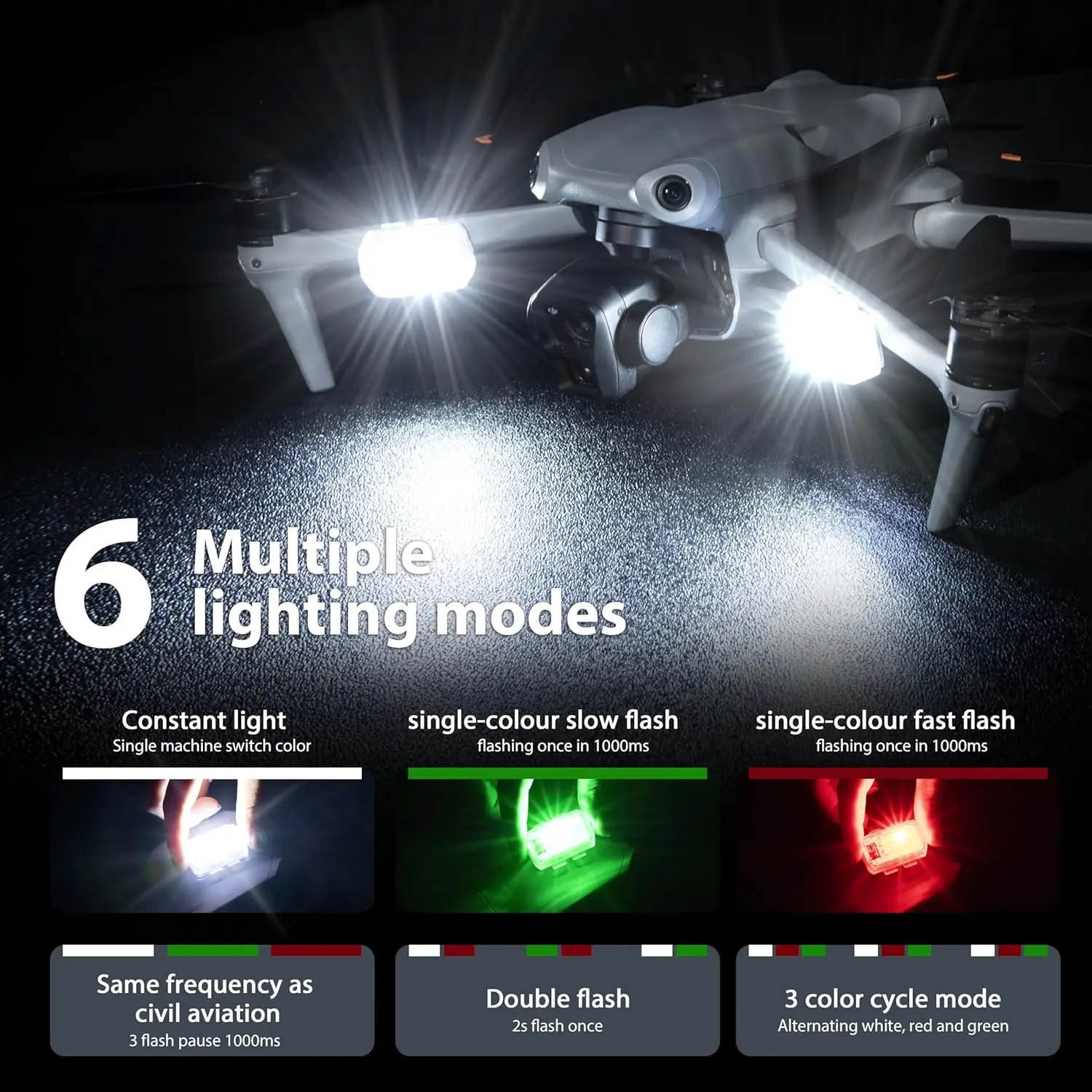 Deux lumières LED de sécurité installées sur les bras d'un drone, prêtes à être utilisées pour un éclairage puissant.