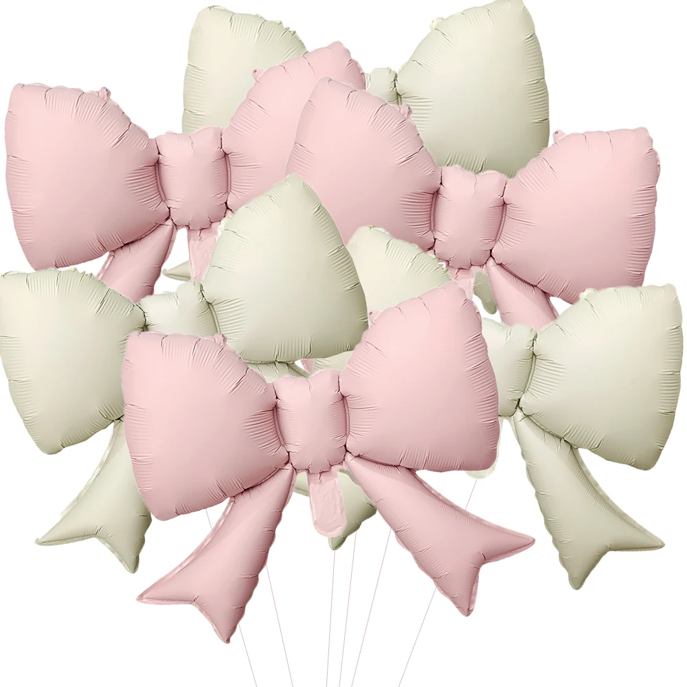 Set of 6 Elegant Baby Pink Bow Balloon Decorations for Bridal Showers and Girl's Parties