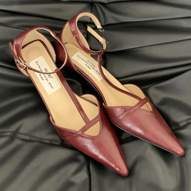 Red Spring New Women Sandal Fashion Pointed Toe Shallow Ladies Elegant Slingback Shoes Thin Low Heel Outdoor Dress Pumps