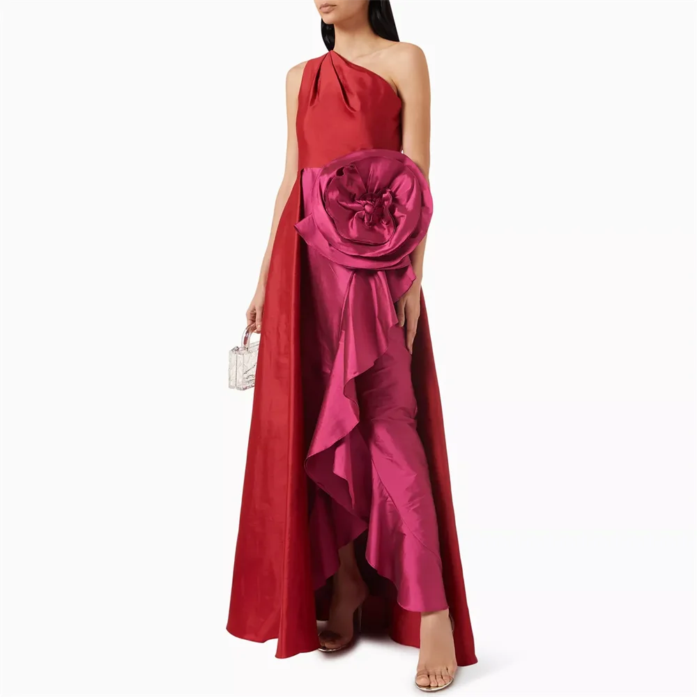

MINGLAN Flower One Shoulder Sleeveless Pleat A Line Long Evening Dress For Woman High Side Slit Floor Length Prom Gown New