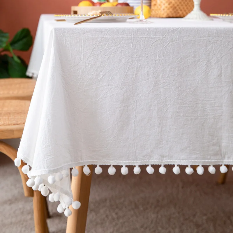 

Farmhouse Solid Color Tablecloths Cotton Square Fabric Pompom Tassel Washable Table Cover for Kitchen Dinning Wedding Decoration