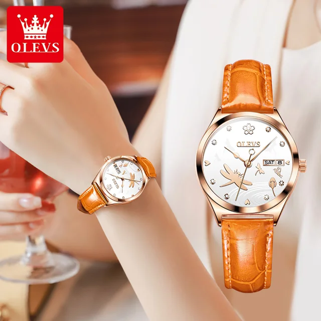 OLEVS New Mechanical Watch for Women Leather Strap Waterproof Ladies Wrist Watch Calendar Date Display Dress Watch Girls Gift 5