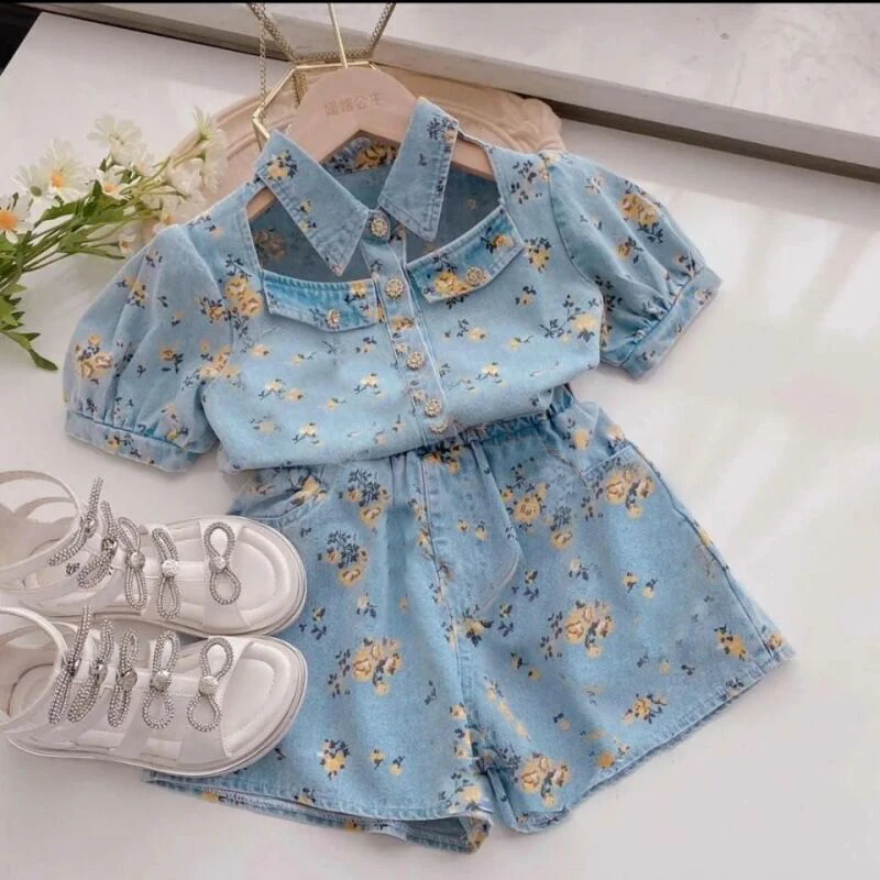 baby clothing set red	 Boys and girls short-sleeved denim shirts cardigan tops children's suits summer baby girl shorts suits fashion two-piece suit baby clothes in sets	