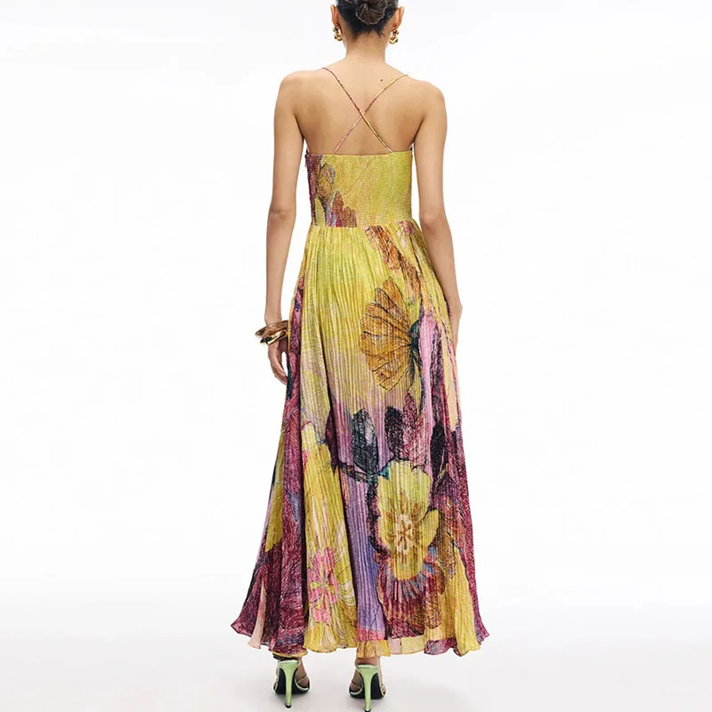 Robe de soirée sexy 2025 pour femme, à bretelles, taille haute, élégante, plissée avec imprimé