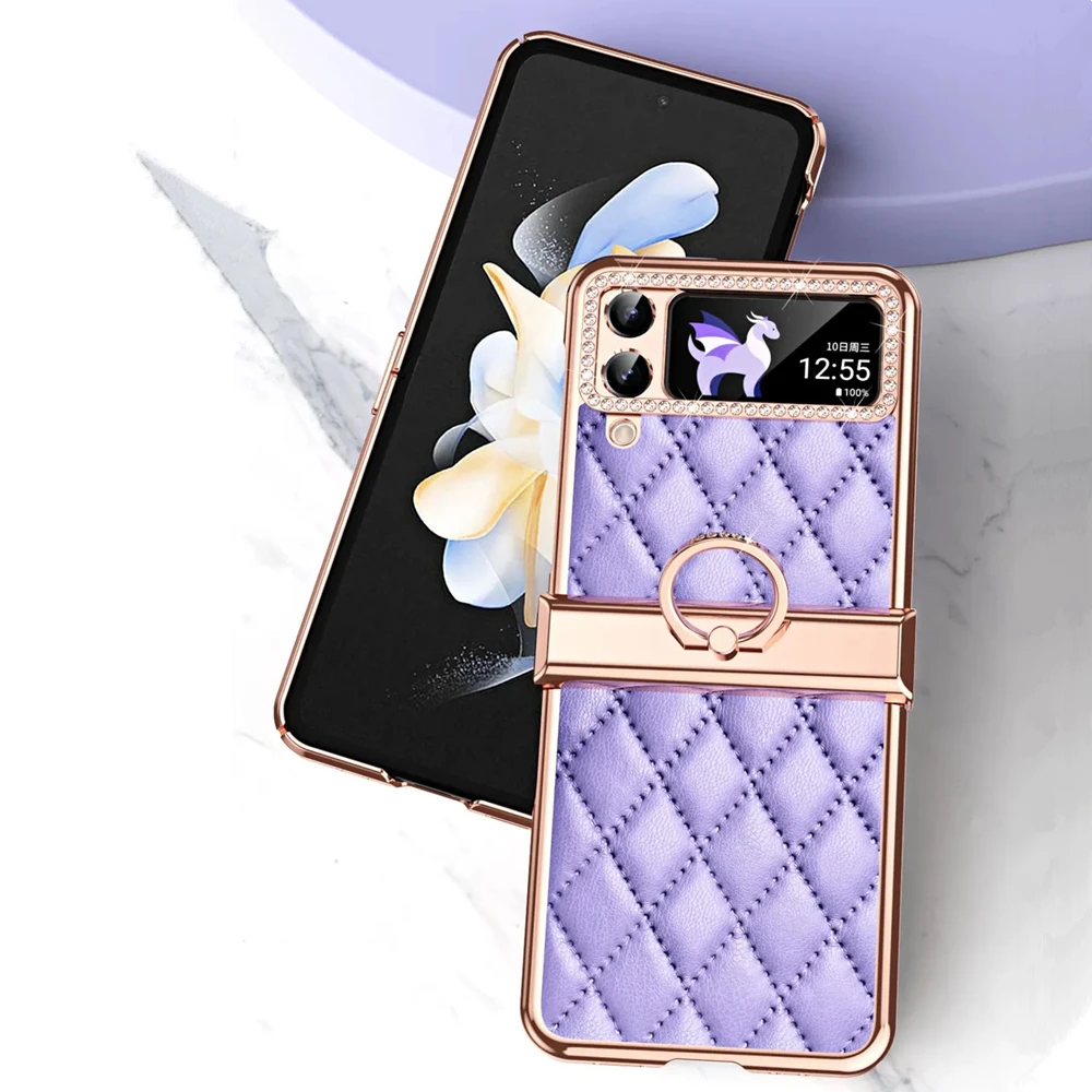 Luxury Diamond Folding Leather Cases For Samsung Galaxy Flip4 Fragrance Finger Ring Plaid Protective Cover For Samsung Z Flip 4