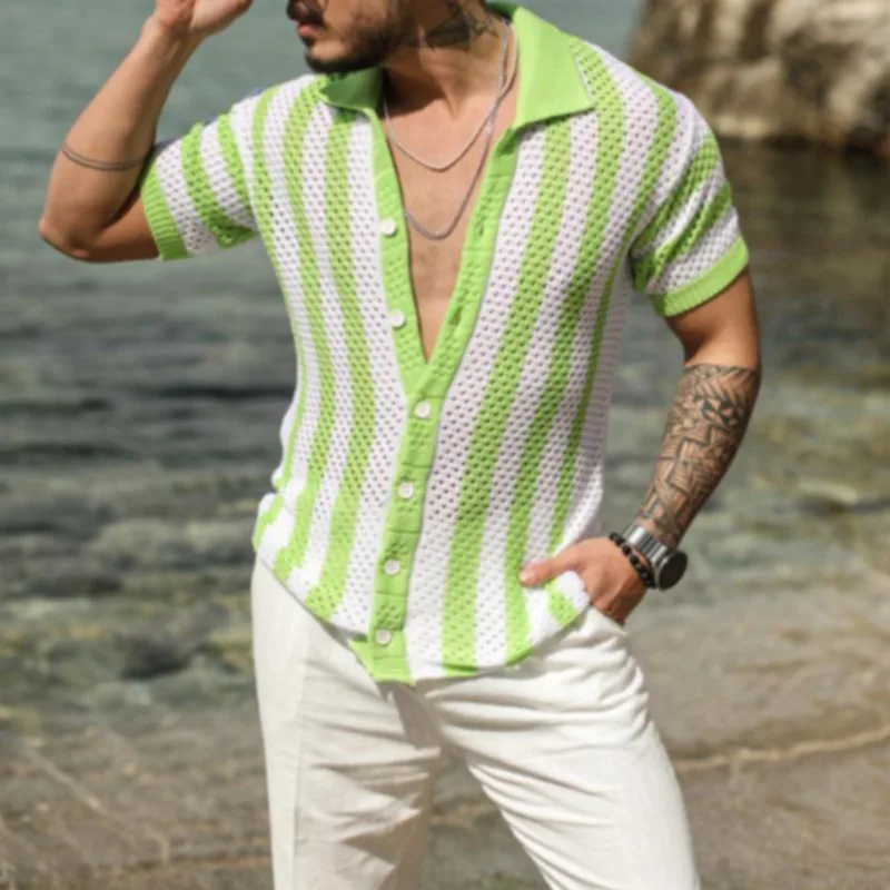 2025 Men's Summer Striped Hollow Out Design Knitted Short-sleeved Polo Shirts Casual Loose Cardigan Tops Male Streetwear T-shirt 14 S6fd71f5483c74eabbb7955c9e80957cbA