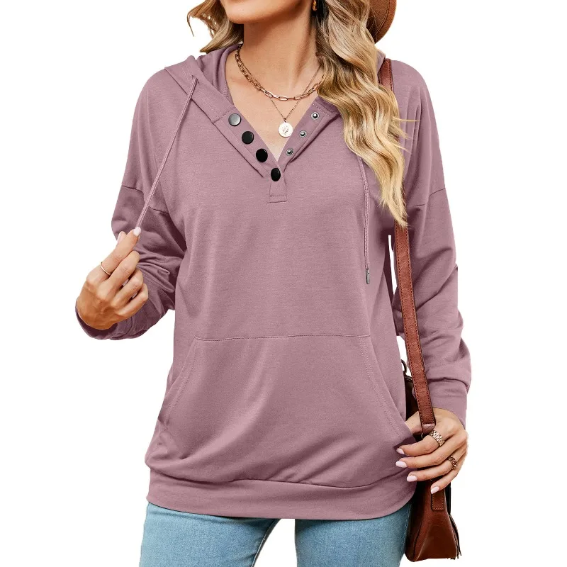 Spring and Autumn Women's Pullover Hooded Solid Button Drawstring Pocket Long Sleeve Hoodies Fashion Casual Elegant Tops