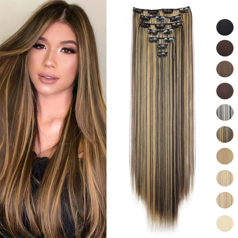 24Inch Synthetic 7Pcs/set 16Clips in Hair Extensions Long Straight Hairstyle Brown Blonde Hairpieces Heat Resistant Hair WIGSIN hair extensions