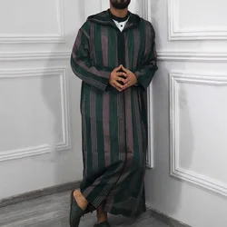 Muslim Robe Men Jubba Thobe Saudi Arabia Kaftan Middle East Abaya Zipper Hoodies Islamic Clothing Green Striped Dress MY946