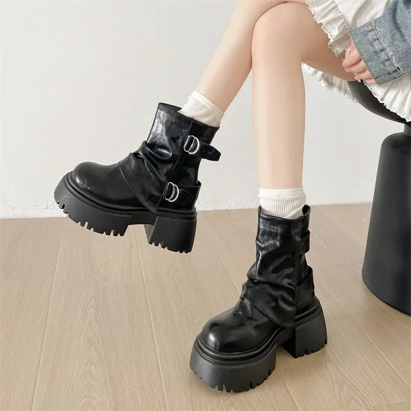 Chunky Platform Heels Women Ankle Boots 2025Slip On Height Increase Short Booties Shoes Zapatos Mujer