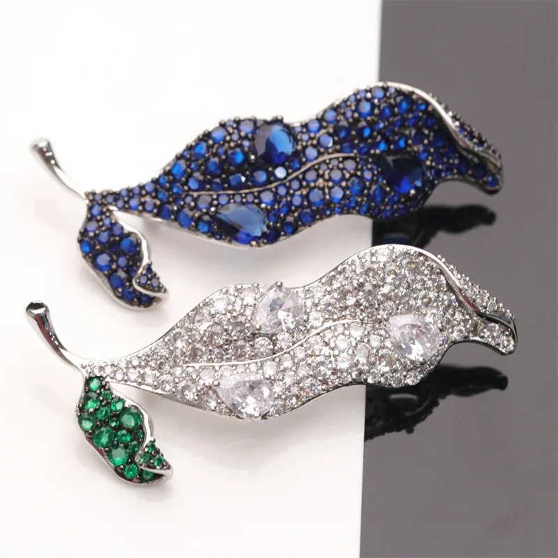 Big Leaf Brooch 64x32MM Multi Color Cubic Zirconia Micro Pave Leaf Silver Color Plated Shape Brooch For Women