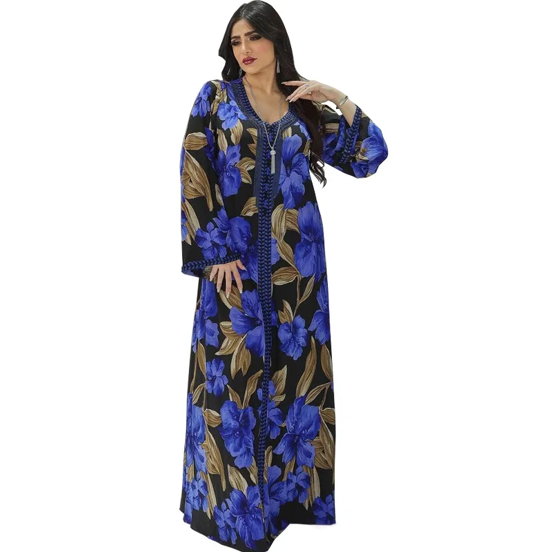 

Middle East Floral Printing Applique Dress Jalabiya Muslim Turkish Long Dresses Luxury Crystals Dubai Arabic Gown for Women