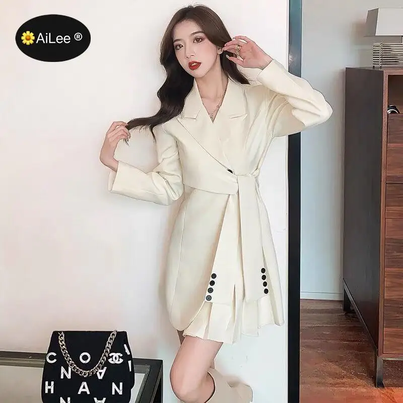 M-4XL Pleated Belt Blazer Suit Skirt Chic Autumn Trendy Women Lapel Tie Wide Loose Fashion Office Apricot Long Sleeve Suit Dress