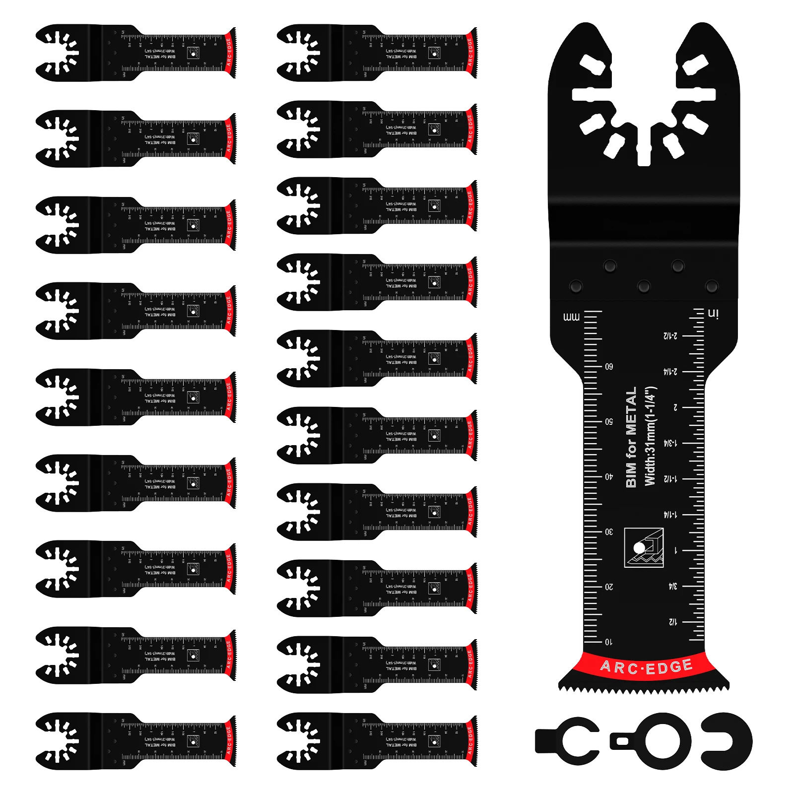

20Pcs Bi-Metal Oscillating Saw Blades Universal Oscillating Multitool Blades with 3 Spacer Adapters Arc Edge Multitool Cutting