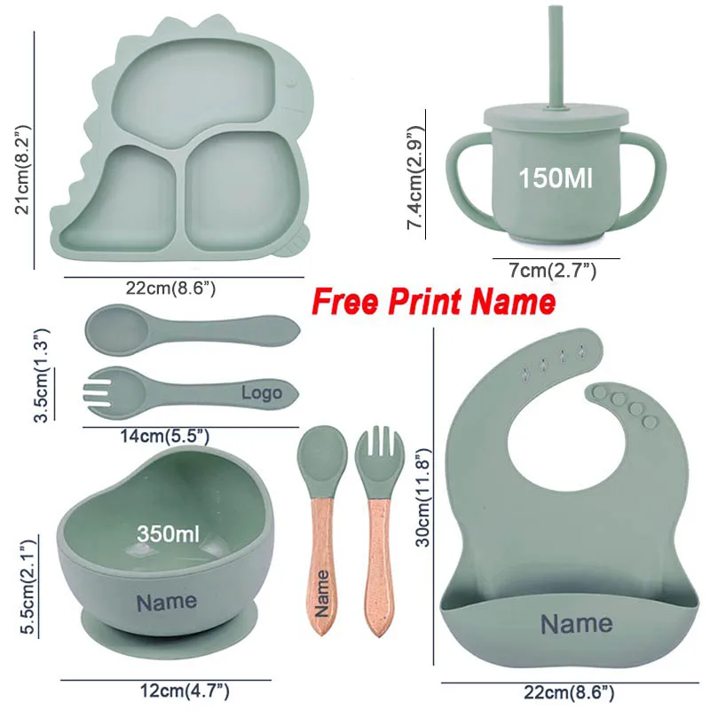 Dinosaur Children Dishes Plate Baby Feeding Set Personalized Name Silicone Tableware For Kids Toddlers Training Bowl Baby Stuff 2