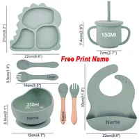 Dinosaur Children Dishes Plate Baby Feeding Set Personalized Name Silicone Tableware For Kids Toddlers Training Bowl Baby Stuff 2