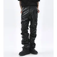 Hip Hop Mens Pleated Pu Leather Pants Harajuku Retro Streetwear Loose Ruched Casual Trousers Straight Solid Color Black Pants 3