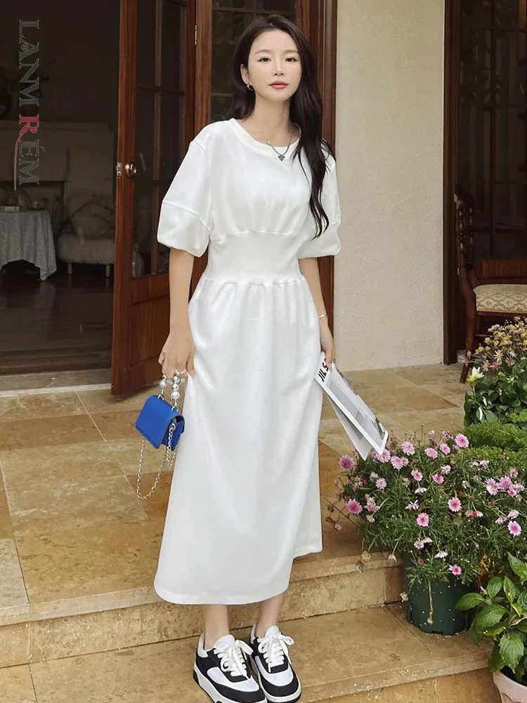 

LANMREM 2024 Spring New White Long Dress Women Fashion O Neck Gathered Waist Short Sleeves Korean Style Female Dresses 2AA5012