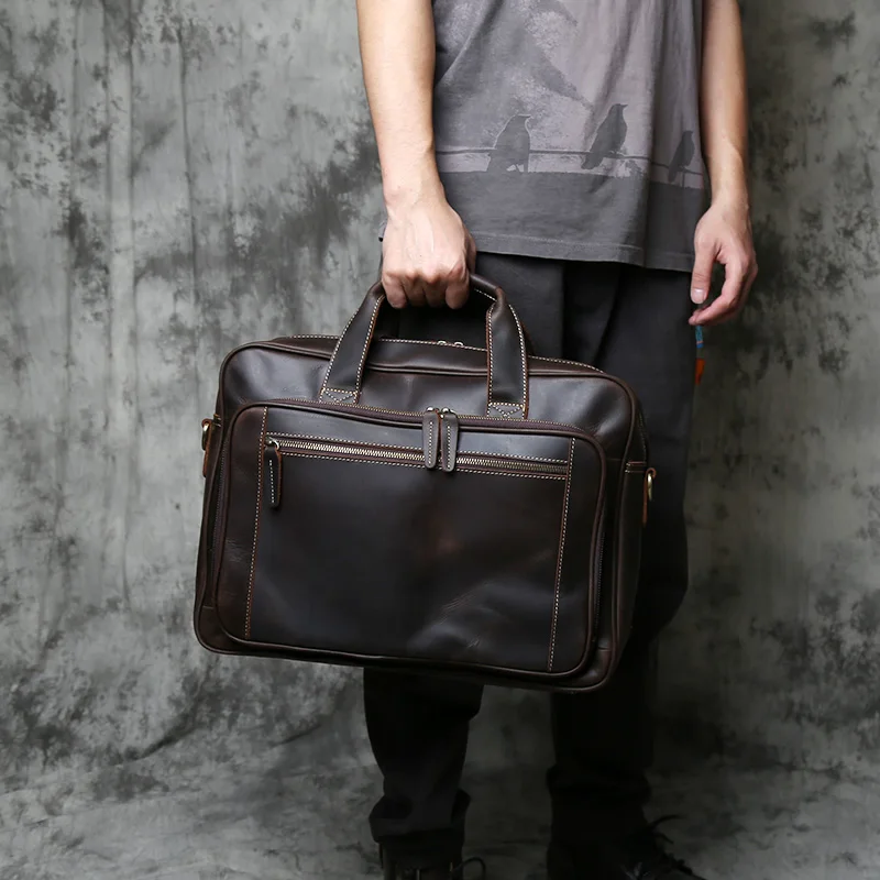 NZPJ Retro Genuine Leather Men's briefcase Large Capacity Head layer Leather Handbag Crazy Horse Leather For 17 Inch Laptops