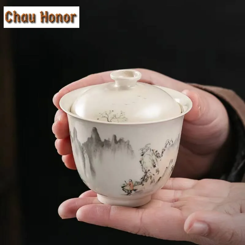 Pure Handmade Calligraphy Gaiwan Retro Grass Wood Ash Landscape Tea Tureen Household Tea Brewing Cover Bowl Teaware Ornaments