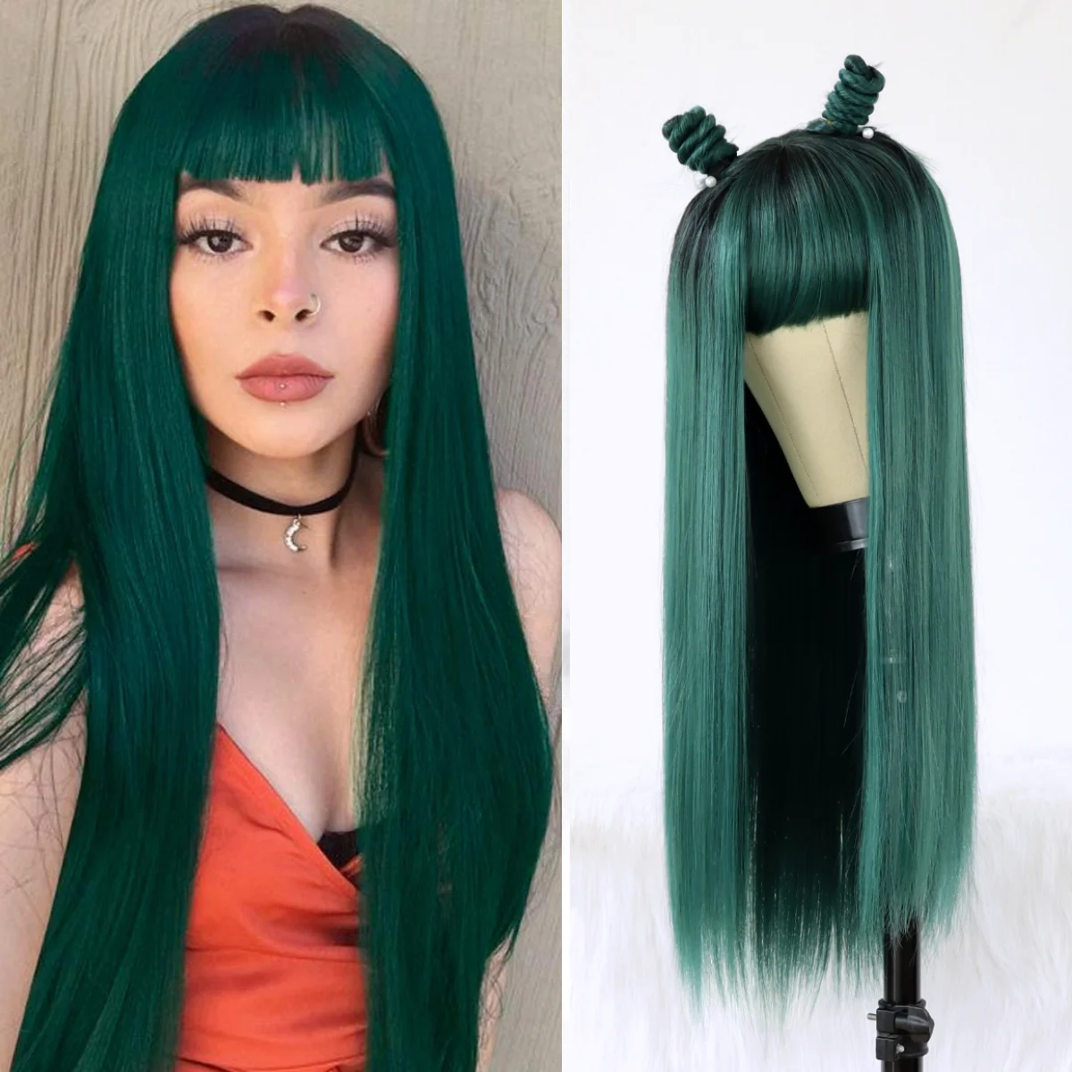 Ombre Green Wig with Bangs Long Straight Wigs With Bangs 2 Tone Dark Roots Mixed Color Green Wigs Cosplay Heat Resistant Wig