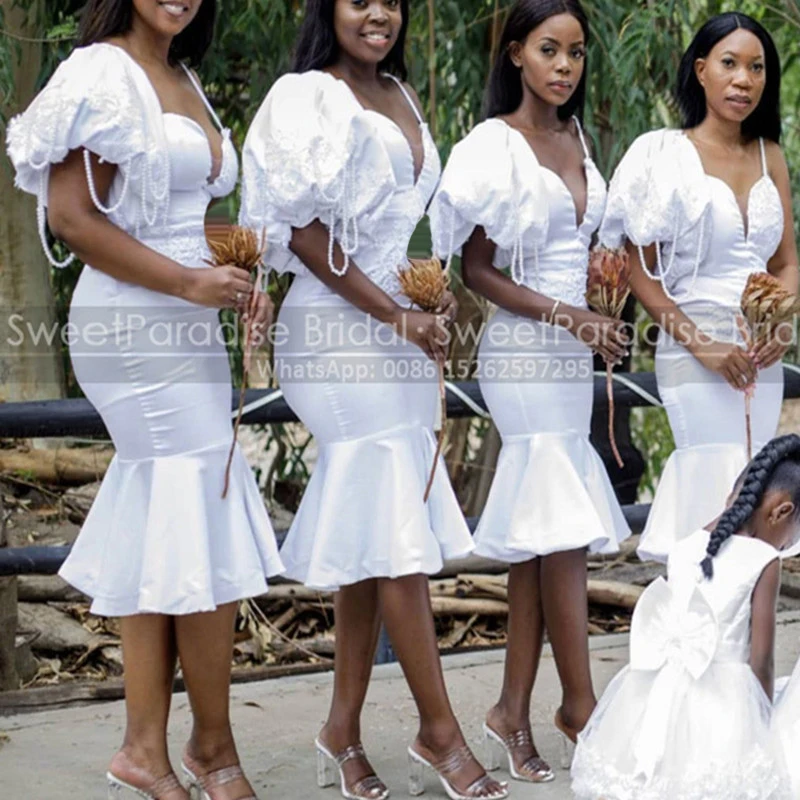 

White Beads Tassel Mermaid Bridesmaid Dresses With Short Bishop Plus Size Appliques Tea Length Trumpet Wedding Guest Dress Party